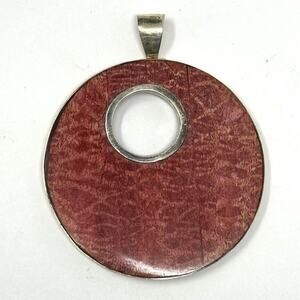 Sterling Silver Large Round Disc Pendant Red Southwestern Boho Design 2.5”